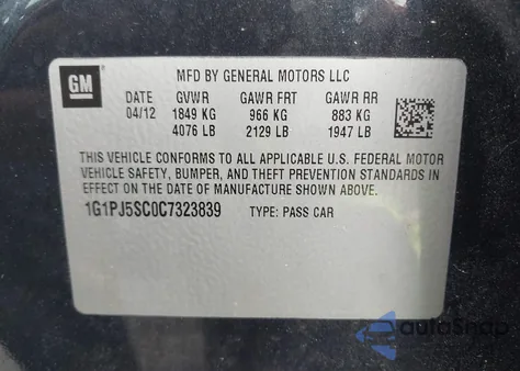 2012 Chevrolet Cruze Eco from USA, damaged, VIN 1G1PJ5SC0C7323839